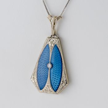 Art Deco Diamond and Enamel Pendant in 18K White Gold