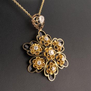 Anhänger aus 750er Gelbgold mit 1.30ct Altschliff-Diamanten und Emaille