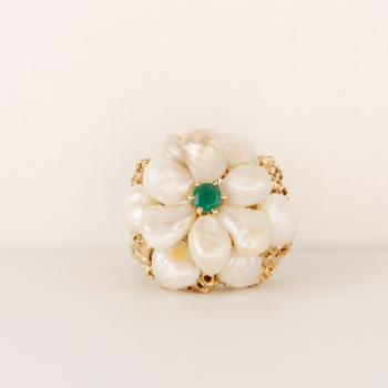 Ausgefallener Damenring (585er Gold) mit Perlen und Smaragd