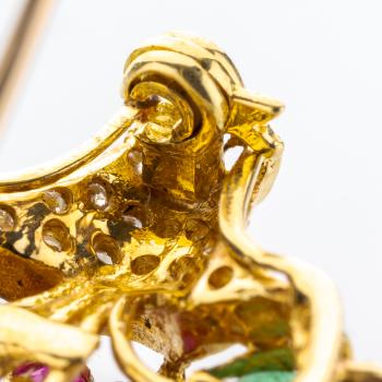 Brosche aus 750er Gold mit Rubin, Saphir, Smaragd und Brillanten