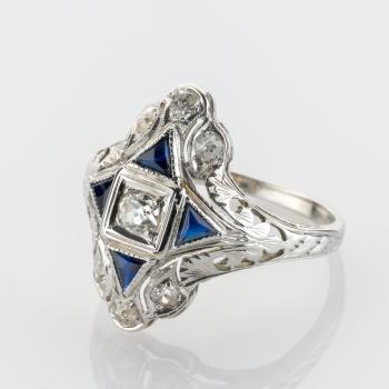 Preview: Art Deco Ring aus 750er Weißgold mit 0.35ct Brillanten und 0.08ct Saphiren