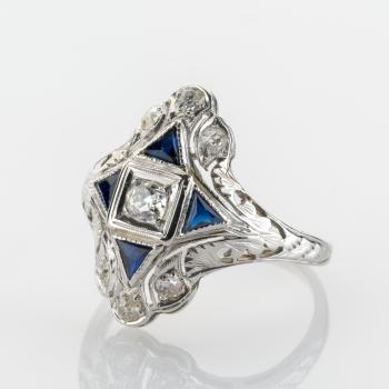 Preview: Art Deco Ring aus 750er Weißgold mit 0.35ct Brillanten und 0.08ct Saphiren