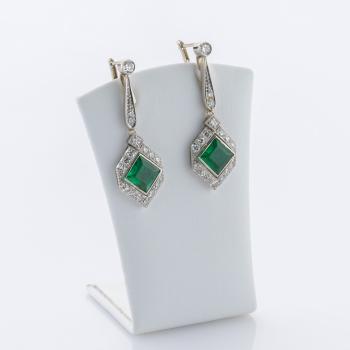 3ct Emerald and 1ct Diamond Earrings in 14K White Gold