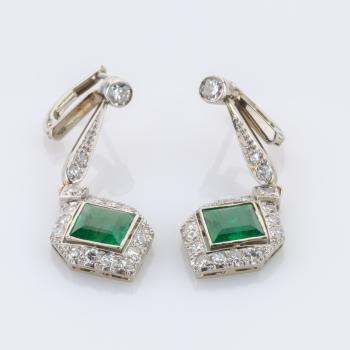 Preview: 3ct Emerald and 1ct Diamond Earrings in 14K White Gold