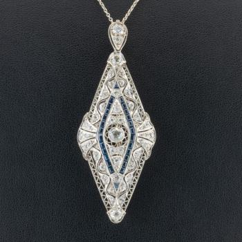 Art Deco Anhänger aus 585er Gold mit Brillanten und Saphiren