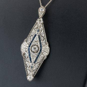 Preview: Art Deco Anhänger aus 585er Gold mit Brillanten und Saphiren