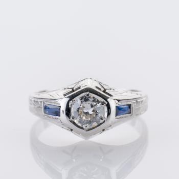 0.75ct Art Déco Ring Diamond and 0.10ct Sapphire Ring in 18K White Gold
