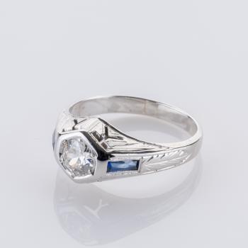Preview: 0.75ct Art Déco Ring Diamond and 0.10ct Sapphire Ring in 18K White Gold
