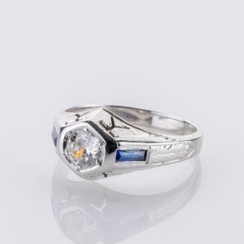 Preview: 0.75ct Art Déco Ring Diamond and 0.10ct Sapphire Ring in 18K White Gold