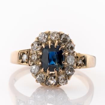 Antiker Ring aus Gold mit 0.30ct Saphir und 0.60ct Altschliffbrillanten