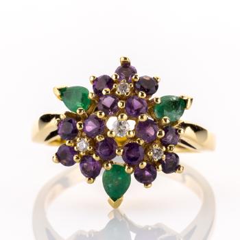 Vintage Ring aus 750er Gold mit Smaragden, Amethysten und Brillanten
