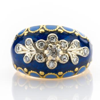 Antiker Ring aus 750er Gold mit 0.40ct Diamanten und Emaille