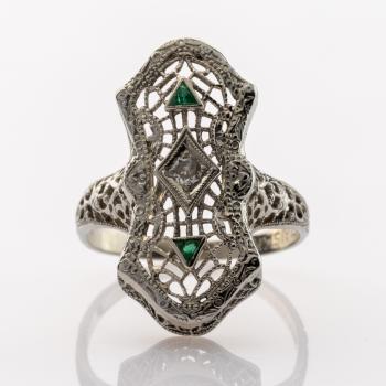 Art Deco Ring aus 585er Weißgold mit Brillant und Smaragden