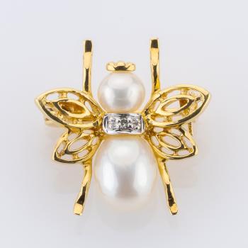 Vintage 18K Gold Insect Brooch with Pearls and Diamond