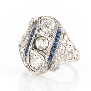 Preview: Art Deco Ring (Platin) mit 1.60ct Brillanten und 0.50ct Saphiren