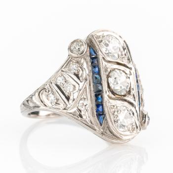 Preview: Art Deco Ring (Platin) mit 1.60ct Brillanten und 0.50ct Saphiren