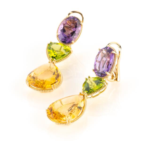 Spektakuläre Ohrringe (750er Gold) mit Amethysten, Peridots und Citrinen