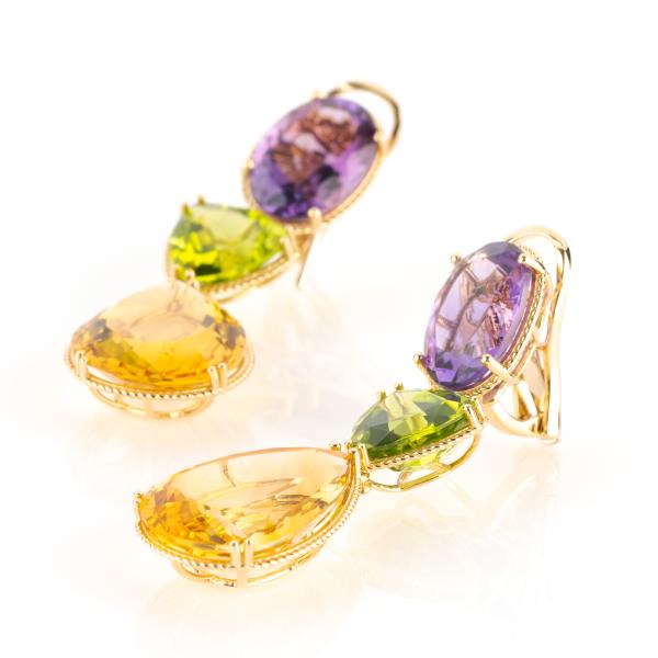 Spektakuläre Ohrringe (750er Gold) mit Amethysten, Peridots und Citrinen