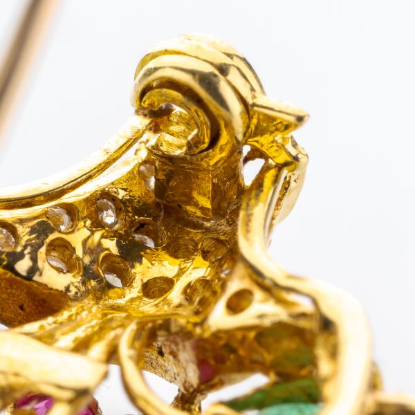 Brosche aus 750er Gold mit Rubin, Saphir, Smaragd und Brillanten