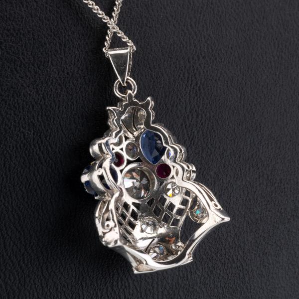 Platinum Art Deco pendant with sapphires, rubies and 1.30ct diamonds