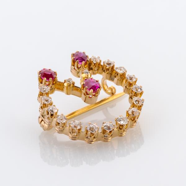 Antike Brosche (585er Gold) mit Rubinen und Altschliffbrillanten