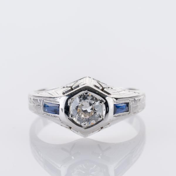 0.75ct Art Déco Ring Diamond and 0.10ct Sapphire Ring in 18K White Gold