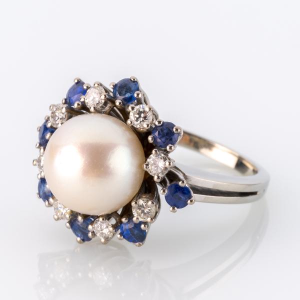 Vintage Ring 750er Gold mit Perle, 0.40ct Brillanten und 0.40ct Saphiren