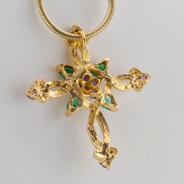 Emerald, Amethyst and Diamond Pendant in 18K Yellow Gold