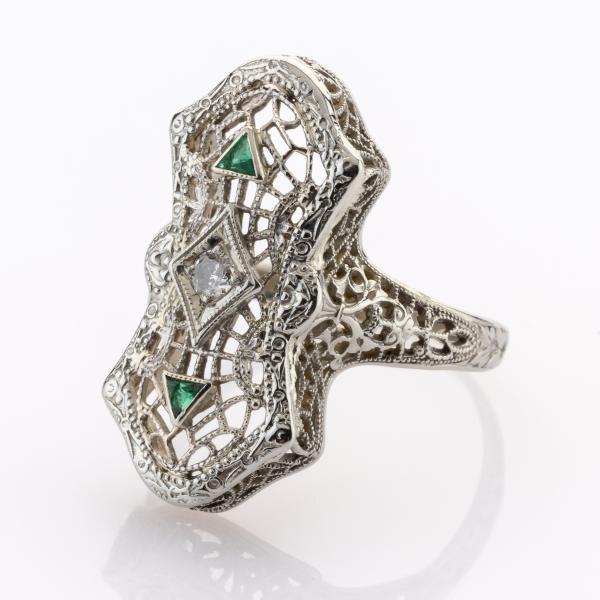 Art Deco Ring aus 585er Weißgold mit Brillant und Smaragden