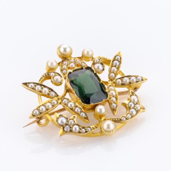 Brosche aus 750er Gelbgold mit Turmalin und Saatperlen
