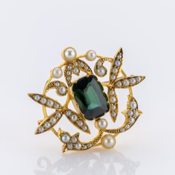 Brosche aus 750er Gelbgold mit Turmalin und Saatperlen