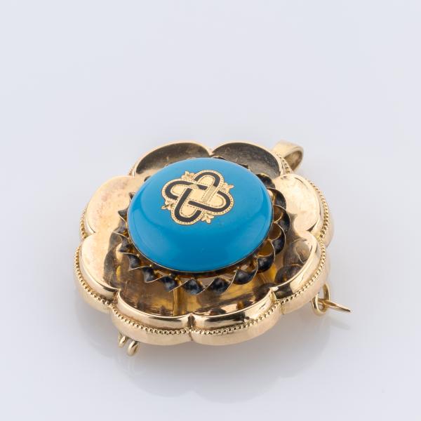 Antike Brosche aus 585er Gelbgold mit Türkis und schwarzer Emaille