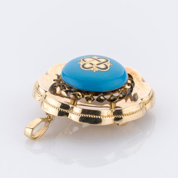 Antike Brosche aus 585er Gelbgold mit Türkis und schwarzer Emaille