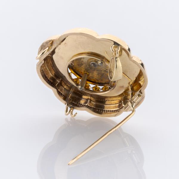 Antike Brosche aus 585er Gelbgold mit Türkis und schwarzer Emaille