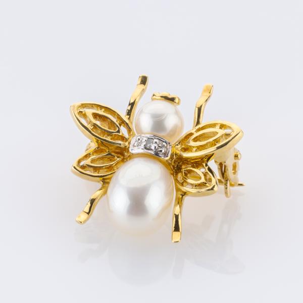 Vintage 18K Gold Insect Brooch with Pearls and Diamond