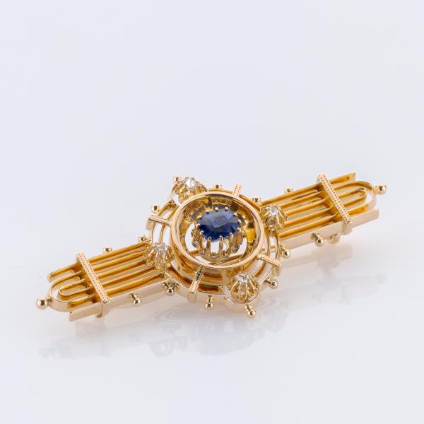Antike Brosche aus 585er Gelbgold mit Saphir und Diamantrosen