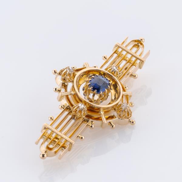 Antike Brosche aus 585er Gelbgold mit Saphir und Diamantrosen
